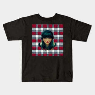 Girl listening to her music on headphones on a plaid background. Kids T-Shirt